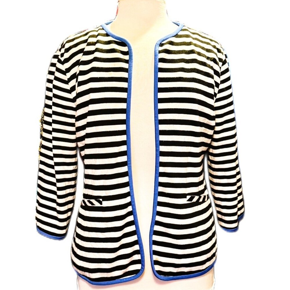 Leslie Stuart Womens Cardigan Striped 3/4 Sleeve Black White Blue Jacket NEW MED